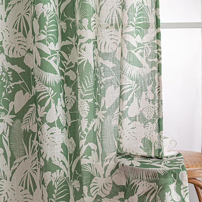 MYSKY HOME Tropical Linen Curtains for Living Room 84 inch Length 2 Panels Set Decor Semi Sheer Curtains Green Palm Leaves Plant Pattern Window Drapes for Bedroom Dining Room Patio, Green, 2 Pcs