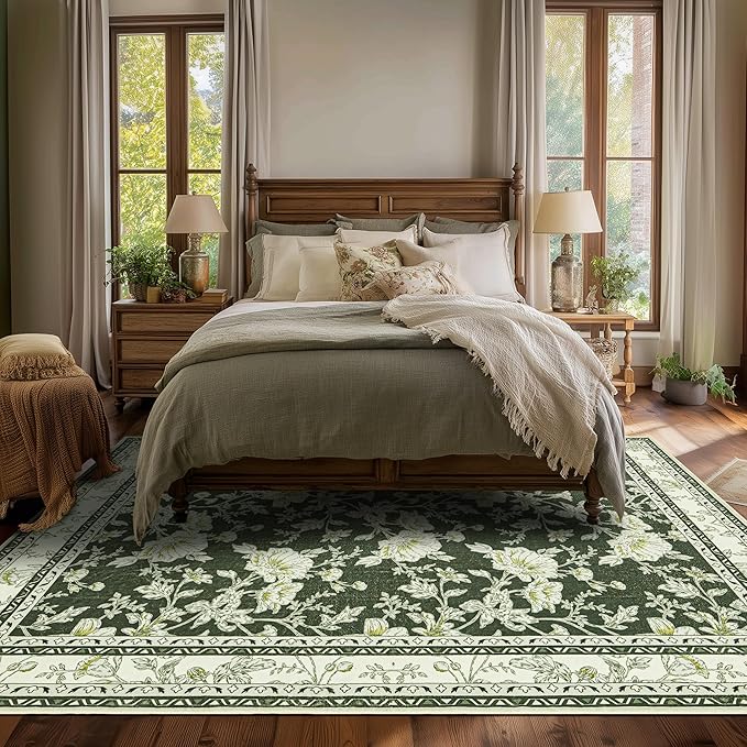 Olive Green Floral Print Area Rugs for Bedroom Living Room Boho Farmhouse Country Rustic Dining Room Carpet Soft Washable Rugs Non Slip Floor Covering for Nursery Playroom 9x12