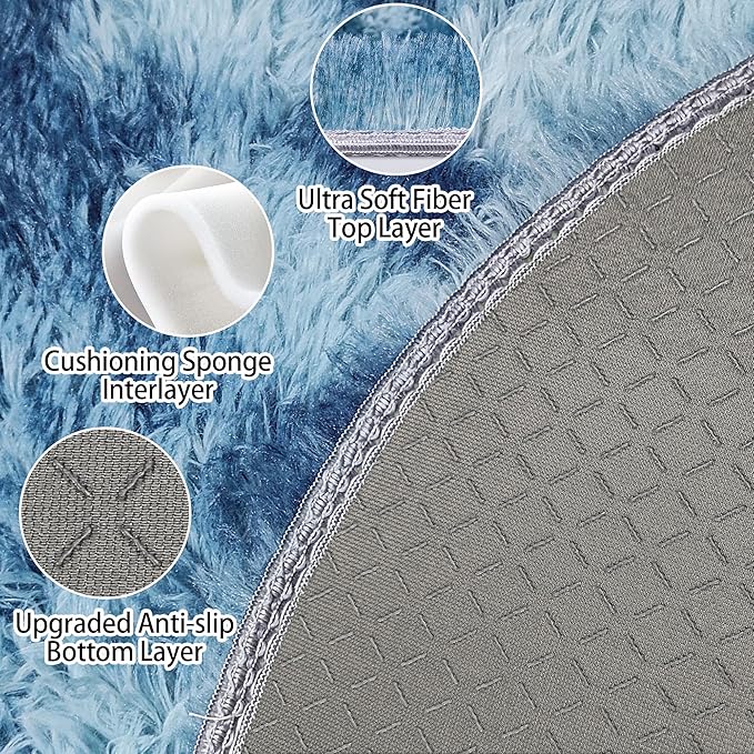 Round Rug 3 ft Blue Circle Area Rug,Tie Dyed Soft Shaggy Circle Rug Fluffy Plush Round Carpet for Kids Girls Boys Room Baby Nursery Living Room Playroom Home Decor