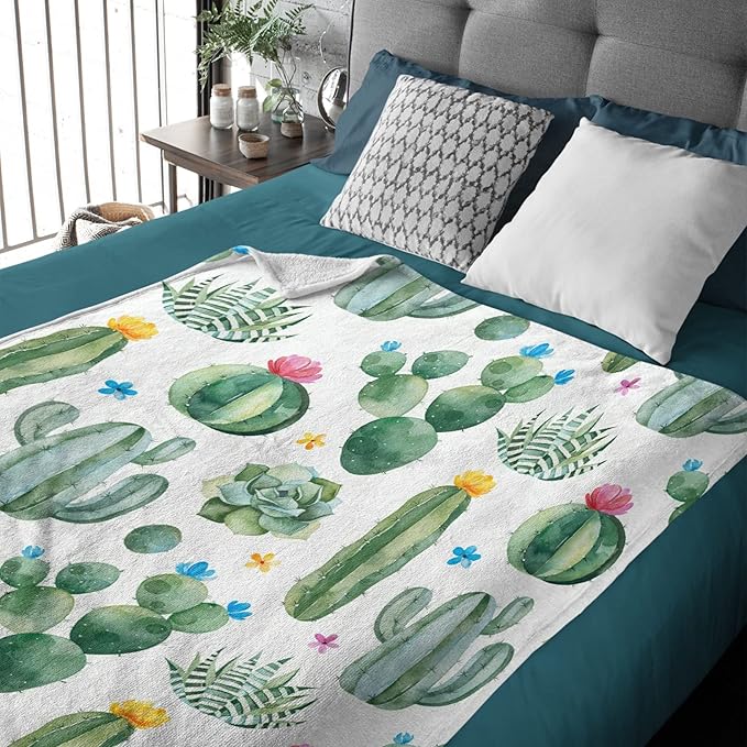 Thuswarm Cactus Flower Succulent Flannel Blanket for Autumn Winter Gifts Warm Cozy Soft Funny Print Throw for Bed Couch Sofa 80”×60” Large for Adult