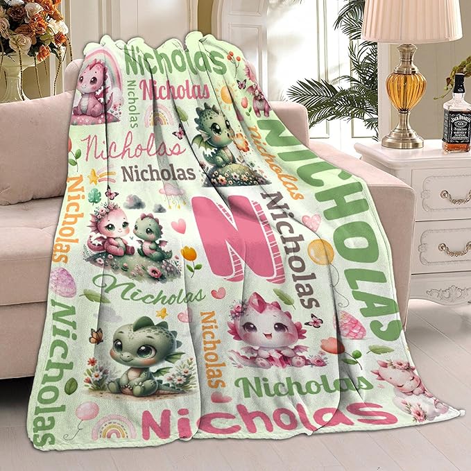 Personalized Custom Dragon Floral Blanket Gifts for Kids Boys Girls with Name - Customized Dragon Floral Super Soft Lightweight Flannel Sheets Decor for Crib Nap Couch - 90"x120" for Whole Family