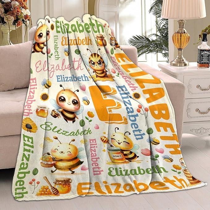 Personalized Custom Honey Bee Blanket Gifts for Kids Boys Girls with Name - Customized Honey Bee Super Soft Lightweight Flannel Sheets Decor for Crib Nap Couch - 90"x120" for Whole Family