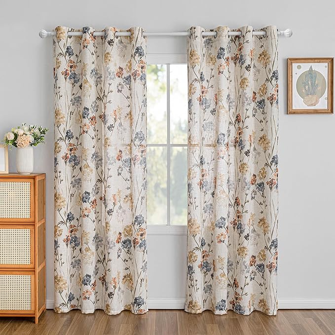 MYSKY HOME Floral Curtains 80 inch for Living Room Bedroom Linen Semi Sheer Light Filtering Privacy Protect Drapes Flower Print Farmhouse Soft Touch for Dining Room, Yellow, 52" Wide, Pack-2