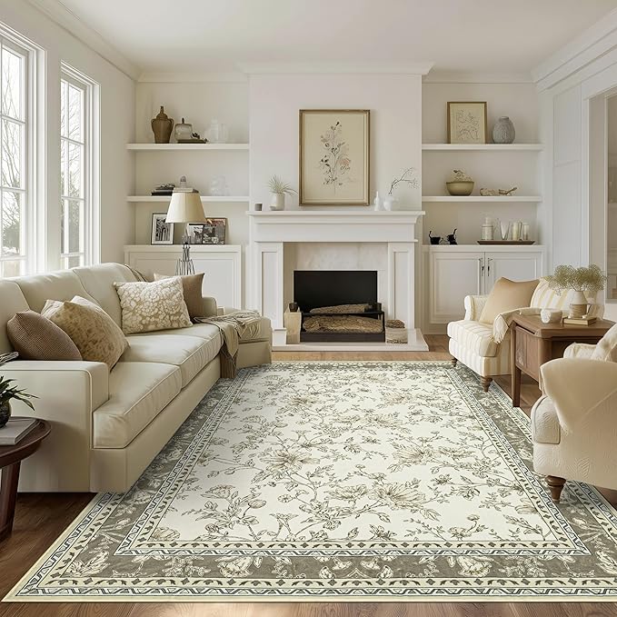 Greyish Beige Floral Rug 5x7 Machine Washable Area Rug for Living Room Vintage Boho Farmhouse Low Pile Distressed Carpet for Dining Room, Bedroom Indoor Non-Slip Tan Taupe Flower Design Home Decor