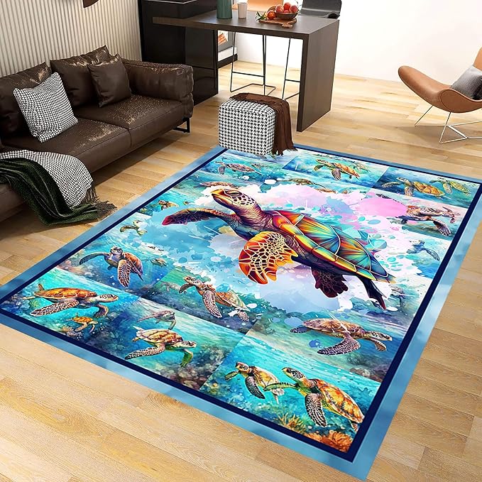 Turtle Area Carpet, 3x5ft, Colorful Ocean Themed Sea Turtle Floor Rugs, Blue Underwater Painting Rugs for Home Decoration, Fade Resistant Soft Foldable Mats for Dorm Family Entrance