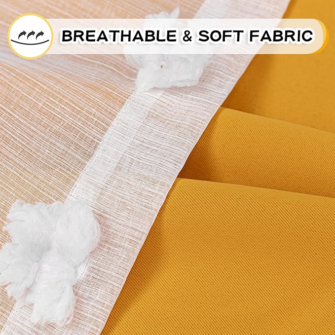 MYSKY HOME Nursery Curtains for Girl Room Yellow Curtains 72 Inches Long Pom Pom White Sheer Curtains for Kids Room Double Layer Toddler Bedroom Grommet Room Darkening Window Panels 52 x 72 Inch