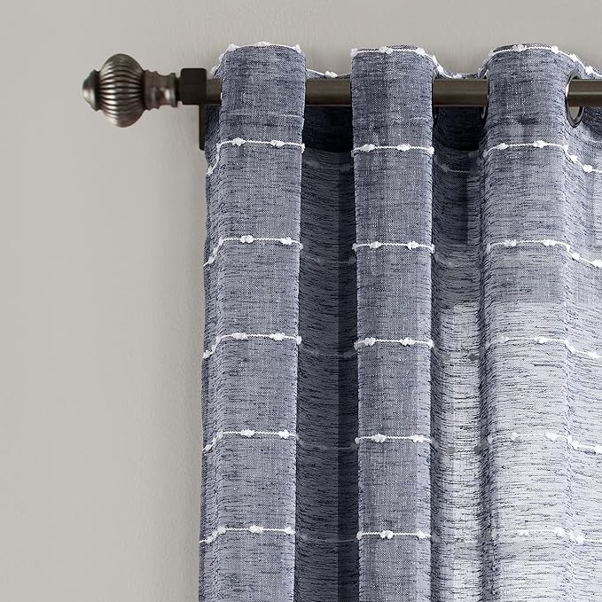 Lush Decor Farmhouse Textured Grommet Sheer Window Curtain Panel Pair, 38"W x 63"L, Navy