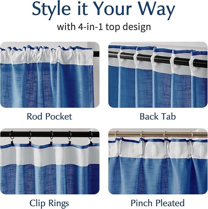 FMFUNCTEX Linen Semi Sheer Curtains 63 Inch Length for Bedroom, Navy Blue Pinch Pleated Curtains for Living Room, Light Filtering Farmhouse Window Drapes Rod Pocket Back Tab 2 Panels Set