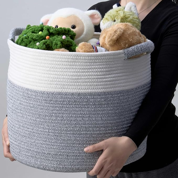 Blanket Basket - Woven Round Rope Storage Basket (16"Wx14"H) for Blankets & Throws, Small Laundry & Toy Organizer, Decorative Living Room & Bedroom Cotton Basket - White & Gray