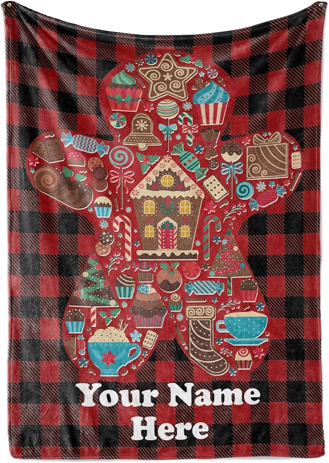 Personalized Gingerbread Man Blanket - Ships Next Day, Printed in USA - Fleece or Sherpa Sofa Throw, Soft Christmas Bedding, Holiday Home Decor, Customizable Family Throws (Sherpa 50x60)