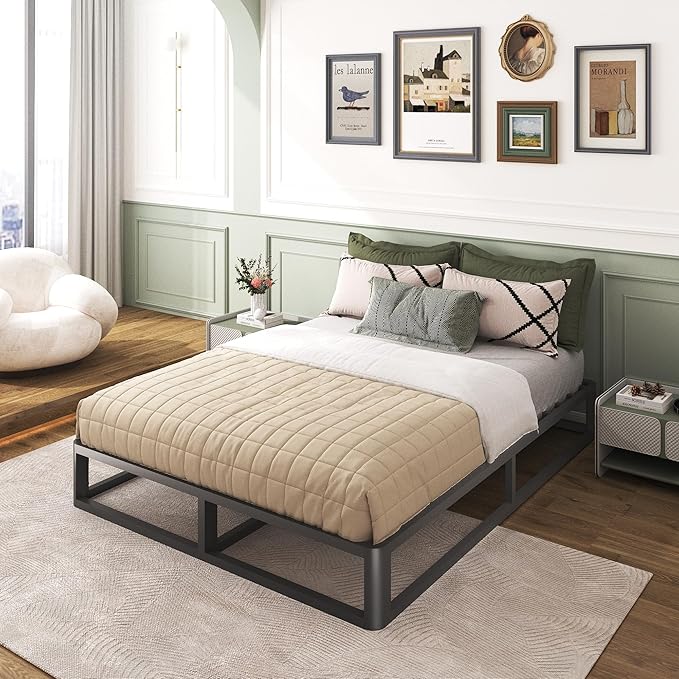 Upgrade Anti Bending and Round Corner Legs 10 inch Metal Queen Bed Frame 3500 LBS Heavy Steel Slats Support Platform Bed Frames No Box Spring Needed Platform Noise Free Easy Assembly