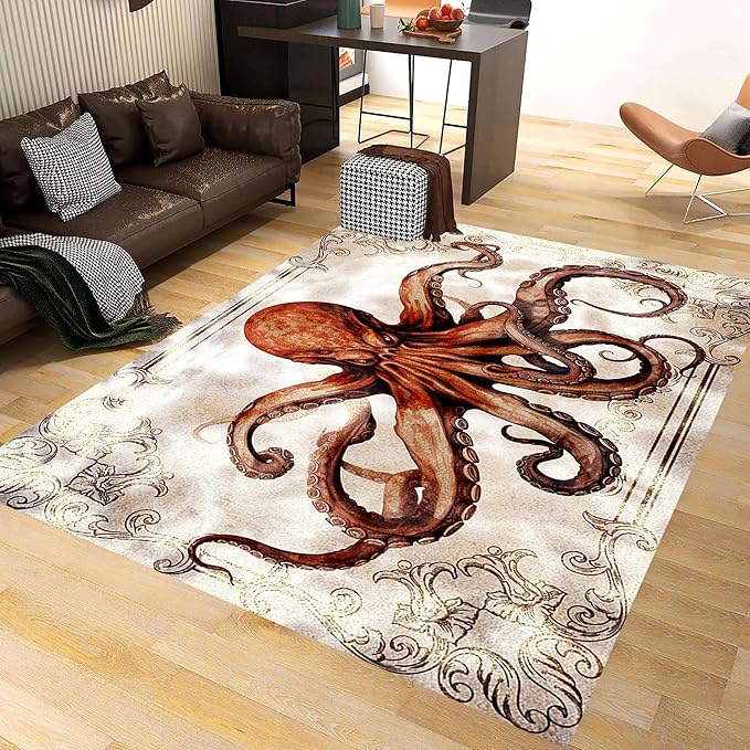 Octopus Area Rugs, 4x5ft, Vintage Ocean Octopus Print Indoor Throw Rug, Fade Resistant Durable No Crease Carpet, Rubber Backed Anti-Slip Printed Carpets for Bedside Dining Table