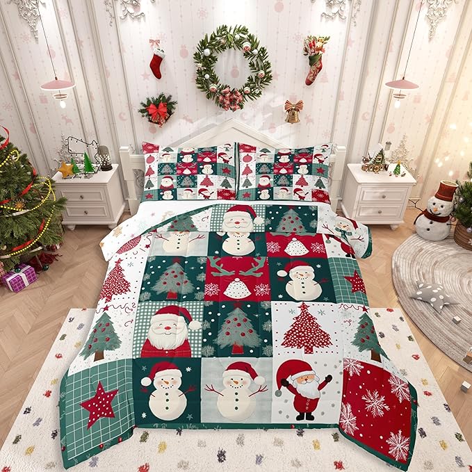 Feelyou Merry Christmas Comforter Set All Season Xmas Tree Snowman Bedding Set with 2 Pillow Cases Santa Claus Microfiber Kids King Bedclothes Patchwork Bedroom Decor Duvet Quilt Breathable Soft