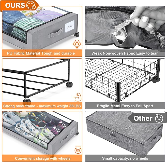 Under Bed Storage with Wheels, 4-Pack Under Bed Storage Containers with Clear Lids, XXL 60L Under the bed storage Organizer Bins, Rolling Under Bed Metal Drawer for Clothes,Shoes,Toys (Gray)