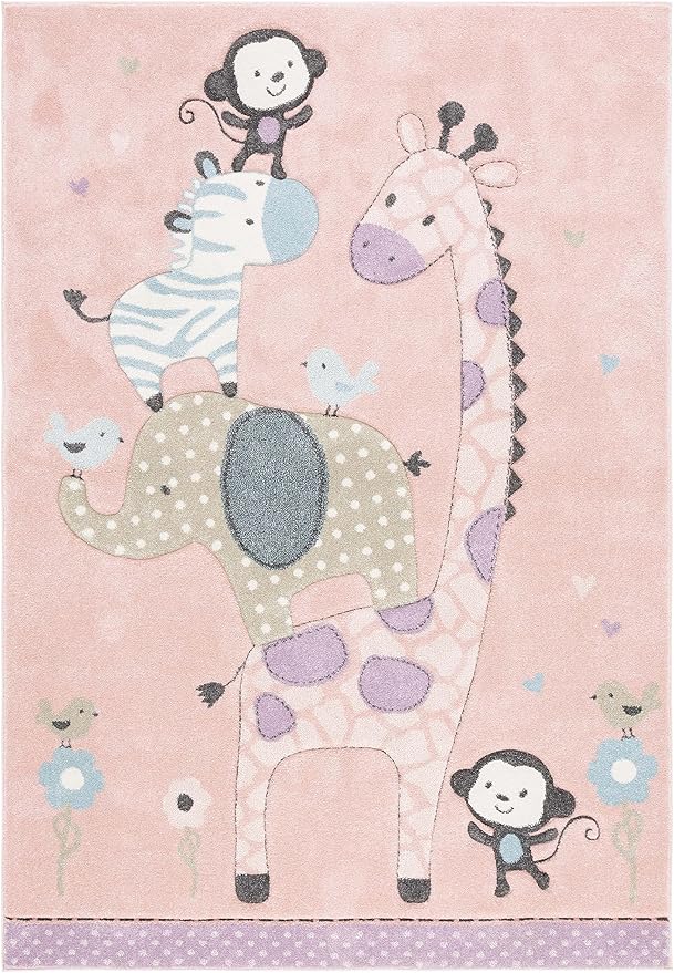 SAFAVIEH Carousel Kids Collection Area Rug - 5'3" Square, Blush Pink, Animal Design, Ideal for High Traffic Area for Boys & Girls in Playroom, Nursery, Bedroom (CRK120U-5SQ)