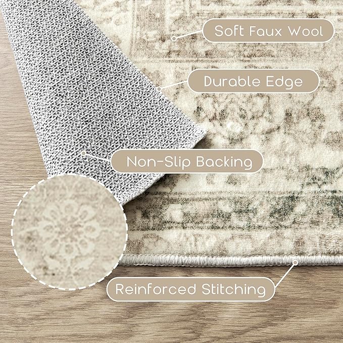 Cream and Light Tan Area Rugs Washable Rug for Living Room Bedroom, Faux Wool Soft No Slip Floral Boho Vintage Extra Large Carpet for Dining Room 9x12