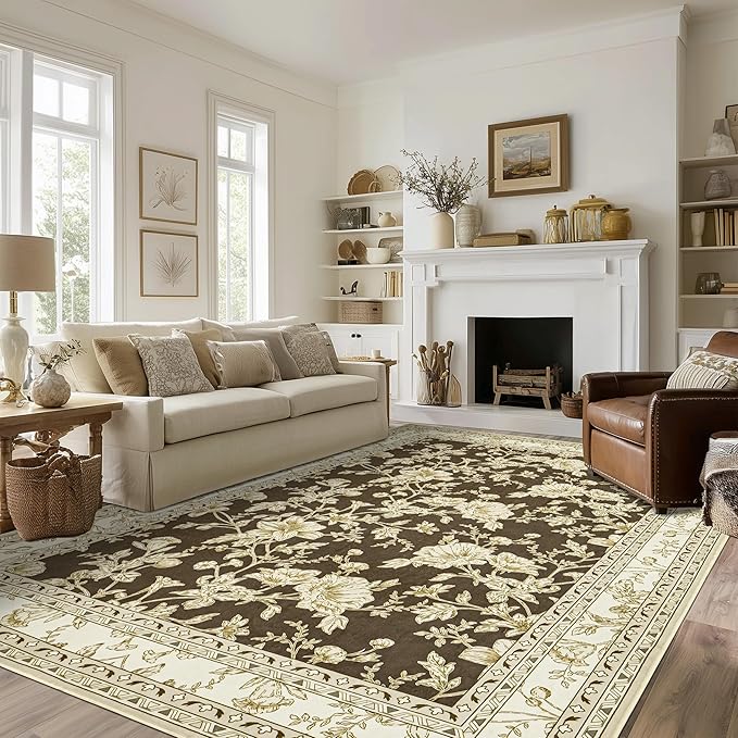 Brown Floral Print Area Rugs for Bedroom Living Room Boho Farmhouse Country Rustic Dining Room Carpet Soft Washable Rugs Non Slip Floor Covering for Nursery Playroom 6x9