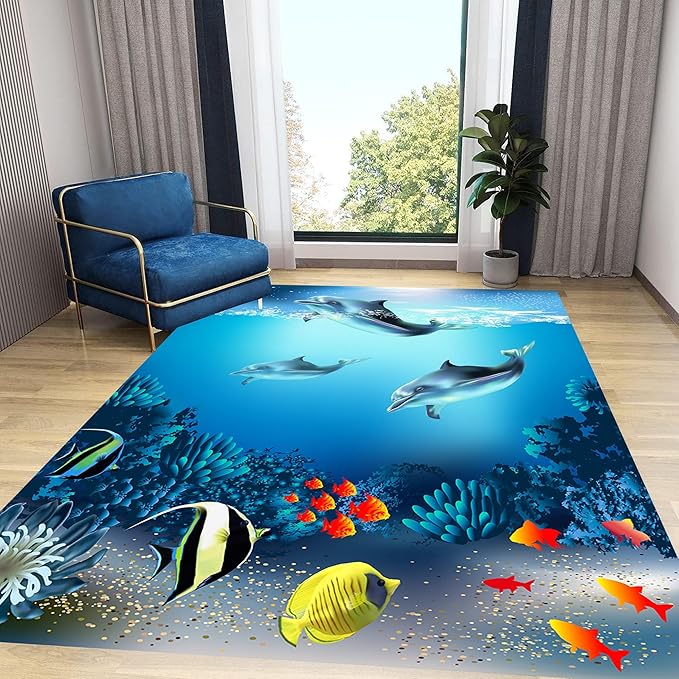 Sea Dolphin Indoor Area Mat, 3x5ft, Ocean Beach Coral Fish Bathroom Rug, Blue Ocean Theme Reduce Noise Home Decor Mat, Nursery Decor Washable Nonskid Carpet for Office Floor Sofa