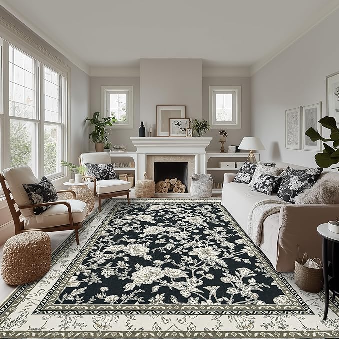 Extra Large Black Area Rug for Living Room 10x14, Floral Dining Room Rugs for Under Table, Washable Soft Non Slip Low Pile Carpet for Large Bedroom Black with Beige Cream Taupe Floral Design 10 x 14