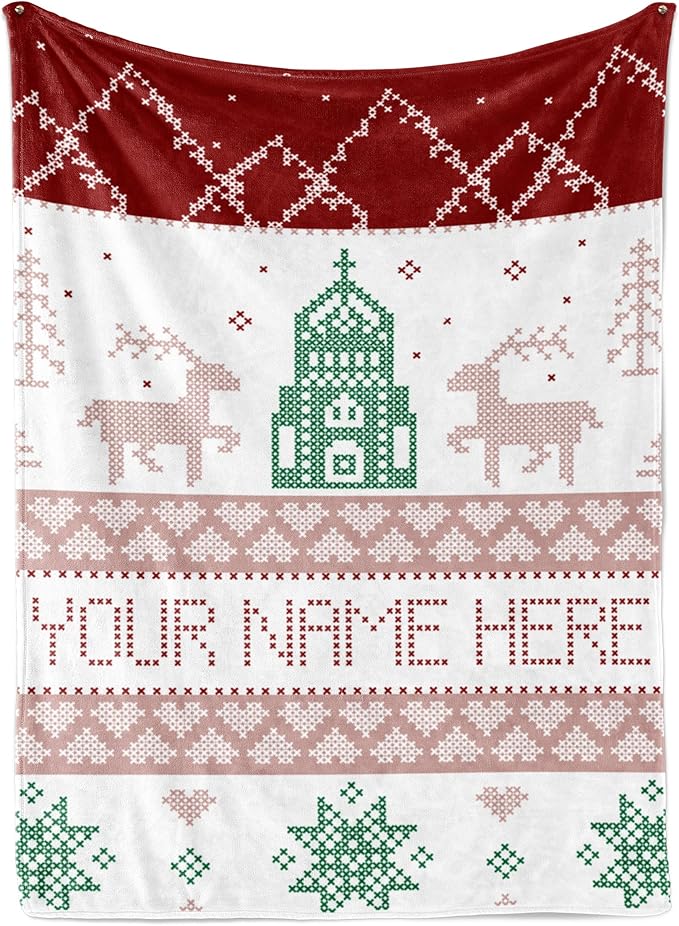 Personalized Christmas Stitch Style Blanket - Ships Next Day from USA - Fleece or Sherpa, Soft Sofa Throw, Customizable Family Throws, Holiday Home Decor, Cozy Christmas Bedding (Fleece 30x40)