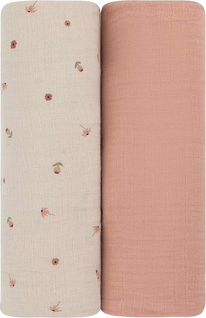 Ely's & Co. Muslin Swaddle Blanket 2-Pack — 100% Cotton Muslin Extra-Large Swaddle Blankets (47” x 47”) Solid + Printed (Pink Garden Flower)