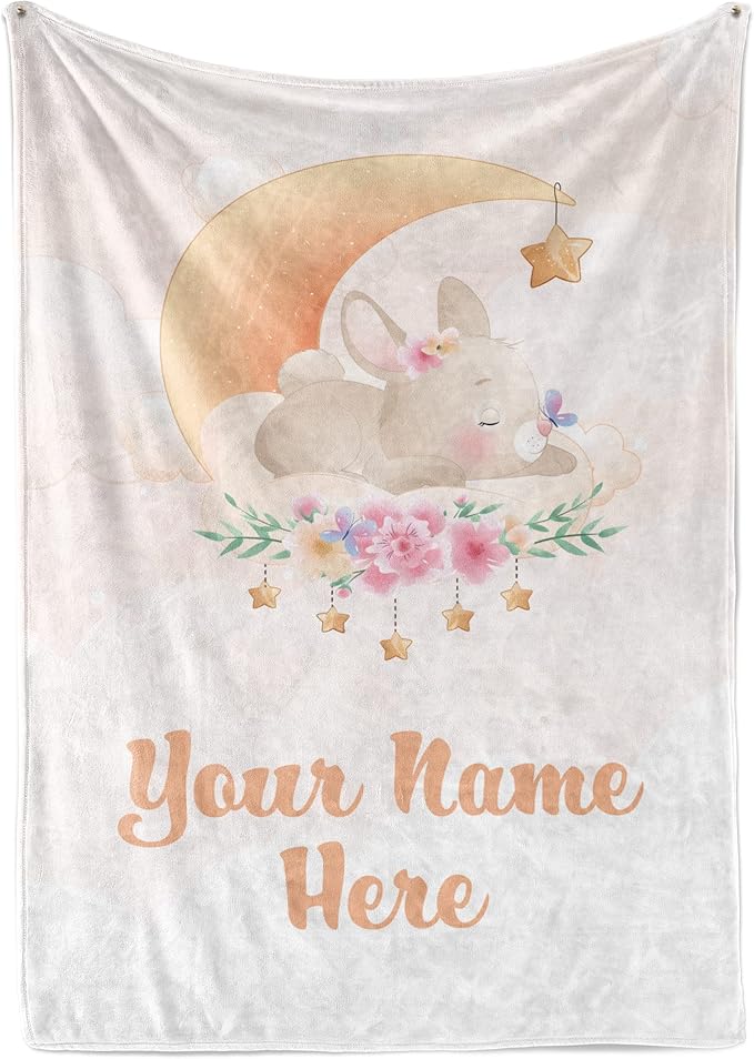 Custom Baby Blankets with Name | Personalized Bunny Newborn Blanket for Baby Girl and Baby Boy | Unisex Warm Soft Sherpa Swaddle Blanket Minky | (Bunny, Sherpa 50"x60")