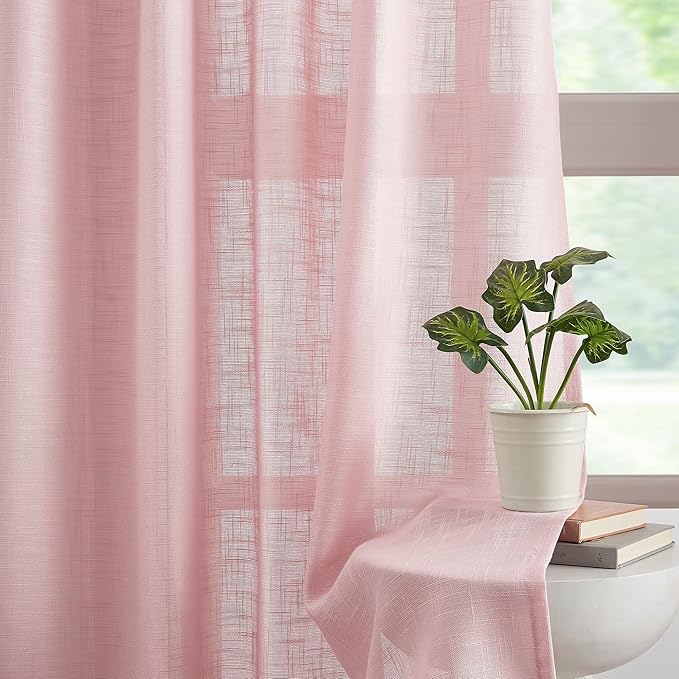 FMFUNCTEX Linen Semi Sheer Curtains for Bedroom, Blush Pink Curtains 63 Inch Length for Living Room, Country Farmhouse Sheer Drapes, Light Filtering Window Curtain, Grommet Top 2 Panels