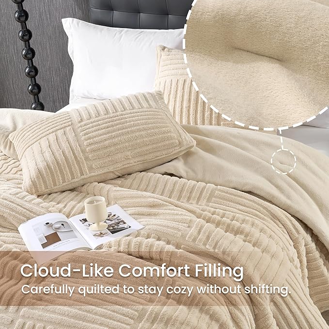 Amélie Home Queen Comforter Set with Stripe Jacquard Design in Khaki, Super Warm Fluffy Plush Bedding Set for Winter, 3 Pieces Including 1 Soft Comforter and 2 Pillowcases