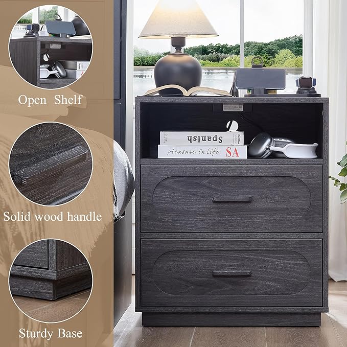 Grey Nightstand with Charging Station, Modern End Table with 2 Drawers Storage, Space-Saving Wood Storage Cabinet with Unique Base Design, Bedside Table for Bedroom, Living Room