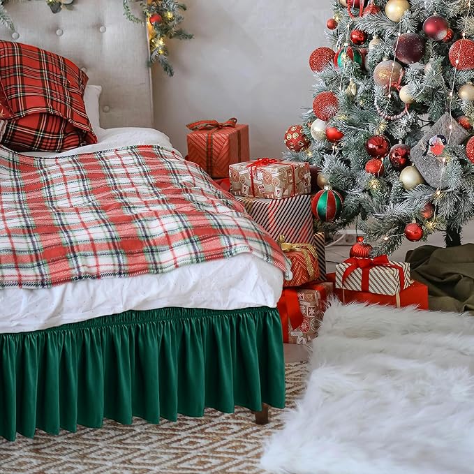 Biscaynebay Wrap Around Bed Skirts for Queen Beds 15" Drop, Christmas Hunter Green Adjustable Elastic Dust Ruffles Easy Fit Wrinkle & Fade Resistant Silky Luxurious Fabric Machine Washable