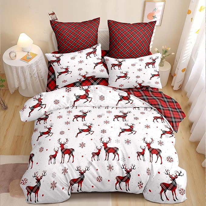 Christmas Duvet Cover King Size Red Gingham Christmas Deer Bedding Set Kids Boys Girls Grid Checked Xmas Snowflake Elk Comforter Cover 3 Pieces with Zipper Closure (No Comforter)