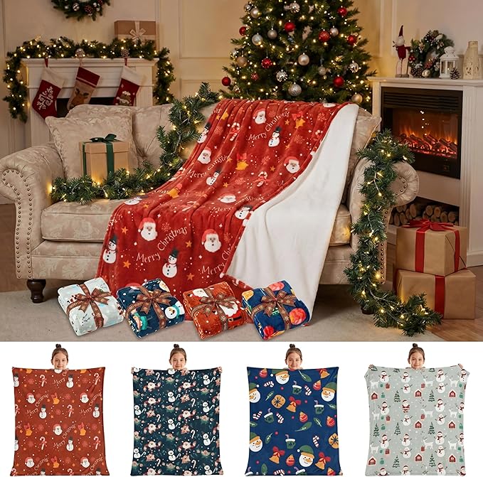 Buryeah 4 Pack Christmas Throw Blankets Bulk Snowman, Igloo, Santa Claus, Bells, Xmas Tree Soft Cozy Christmas Plush Flannel Blanket for Sofa, Bed, Couch, Home Decor Xmas Supplies, 50 x 60 Inches