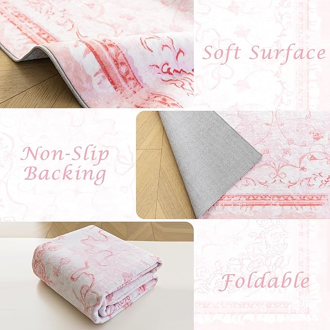 Pink Rug for Nursery Girl Bedroom 5x8 - Cute Bow Coquette Room Decor for Teen Girls Aesthetic,Washable Light Pink and White Cottage Core Floral Scalloped Rug for Dorm Room College Students Playroom