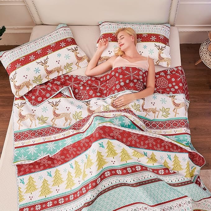 Jessy Home King Size Christmas Quilt Bedding Set: Rustic Lodge Deer Snowflake Cabin Home Holiday Decor Christmas Quilt Bedspread Coverlet