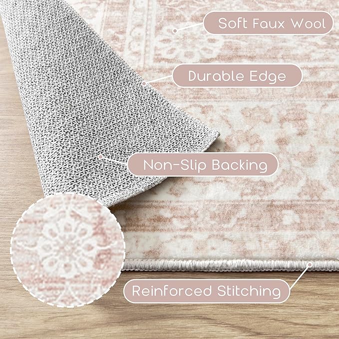 Pink Boho Runner Rugs for Hallway Kitchen Bathroom Washbale Non Slip Cute Bed Side Bedroom Floor Laundry Room Rug Runners,3x7