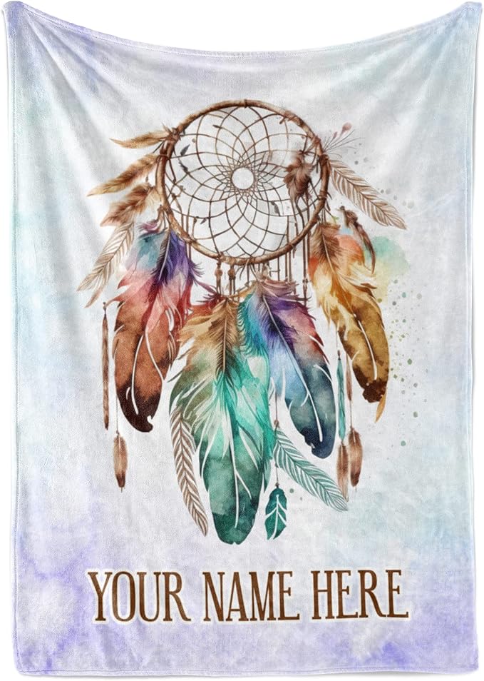 Personalized Dream Catcher Blanket with Colorful Boho Feather Graphic, Cute Custom Name Throw for Kids or Adults, Soft and Plush, Birthday Gift for Women or Men, Big Colorful (Fleece 50x60)