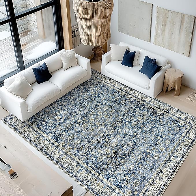 Blue Area Rugs Washable Rug for Living Room Bedroom, Faux Wool Soft No Slip Floral Boho Vintage Extra Large Carpet for Dining Room 9x12