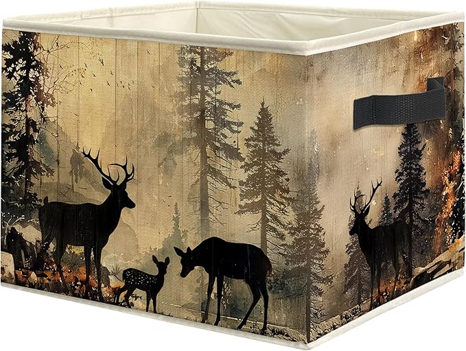 Vintage Camping Forest Deer Nursery Storage Bin Box with Handles, Farmhouse Rustic Deer Foldable Linen Fabric Laundry Basket for Kids Room Nursery Playroom Bathroom Home Clothes Toys Books