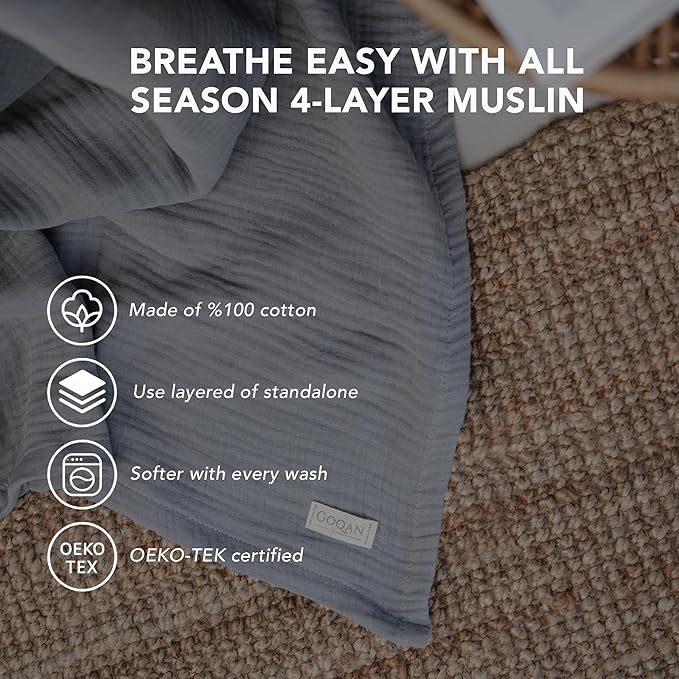 Goqan Muslin Blanket King Size 90x108 – 100% Cotton 4 Layer Boho Muslin Blanket for Adults, Lightweight, Soft, Breathable for Bed, Couch - Light Grey