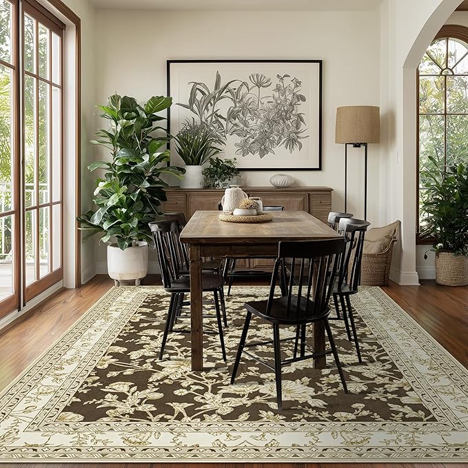 Brown Floral Print Area Rugs for Bedroom Living Room Boho Farmhouse Country Rustic Dining Room Carpet Soft Washable Rugs Non Slip Floor Covering for Nursery Playroom 7x9