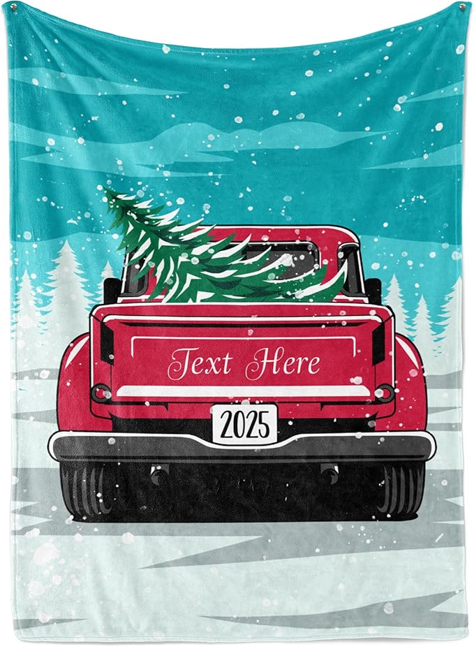 Personalized Christmas Blanket, Vintage Red Truck and Tree - Ships Next Day, Printed in USA - Warm Fleece or Sherpa Sofa Throw, Cute Holiday Décor - Customizable Family Throws (Fleece 60x80)