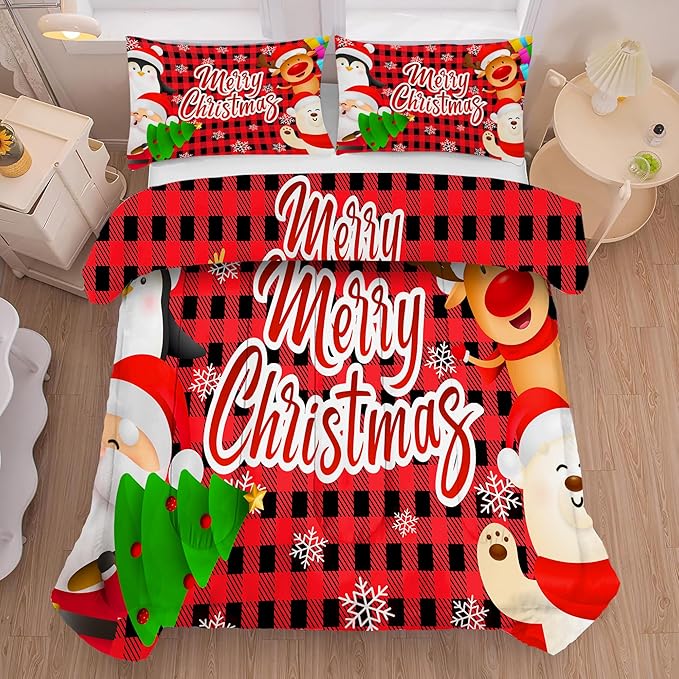 Christmas Comforter Set Full Size Black and Red Plaid Bedding Sets Xmas Gift Christmas Themed Festival Winter Snow Quilt Set,1 Comforter + 2 Pillow Cases