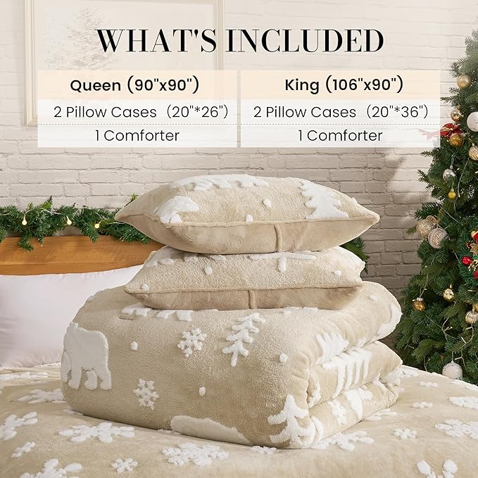 Amélie Home Christmas Comforter Set King, Fluffy Fleece Bedding Set with Polar Bear, Beige Plush Bedding Set for Winter, 3 Pieces, 1 Soft Comforter and 2 Pillow Shams