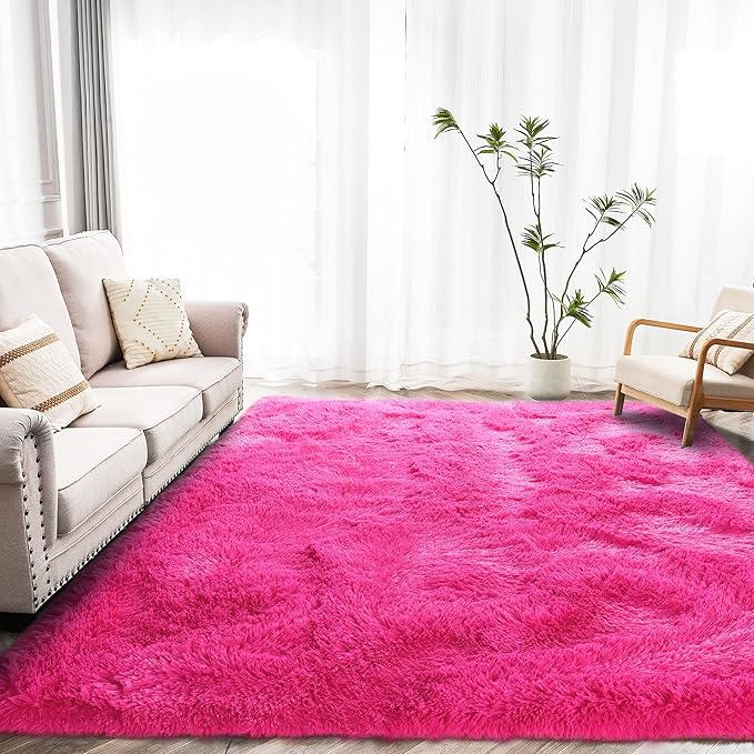 Fluffy Rug Stain Resistant 6x9 Feet, Hot Pink Throw Rugs Bedroom Nursery Rug Furry Throw Carpets for Teen Girls