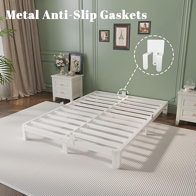 4 Inch Full Size Bed Frame with Metal Gaskets, White Bed Frame Full No Box Spring Needed, Rounded Corner Design, Heavy Duty Steel Platform Support, Noiseless, Easy Assembly