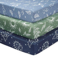 Baby Mini Crib Sheets Boy, Portable 38”x26” Pack and Play Sheets Fitted for Playard and Pack N Play Mattress, 3-Pack Soft Microfiber Blue Green Starry Sky