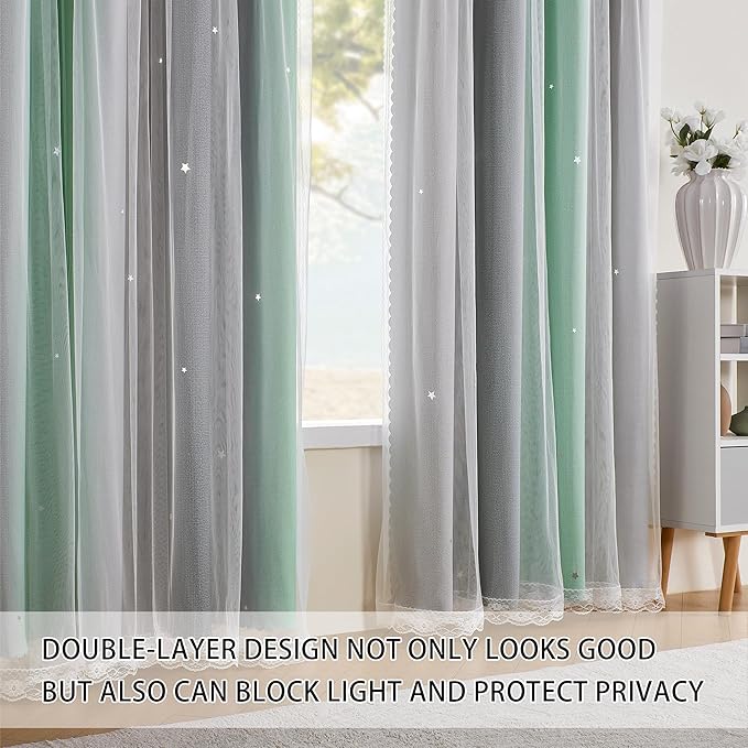 XiDi Green Grey Girls Curtains for Bedroom 63 Inches Long 2 Panels Rainbow Blackout Curtains for Little Girl Kids Room Decor Living Room, Princess Unicorn Wall Decals Drapes 52x63