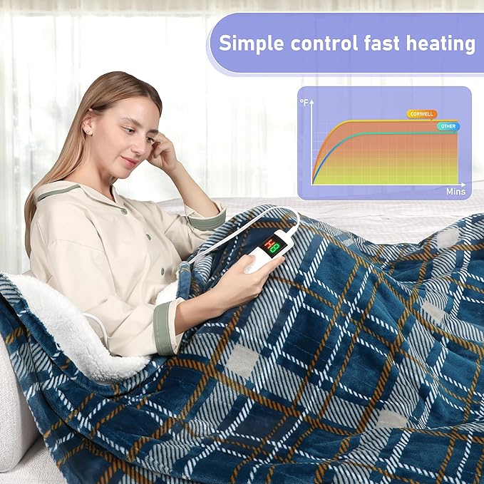 Electric Blanket Heated Throw, Soft Flannel 50"x60" Plaid Heating Blanket with 8 Hours Auto Off 10 Fast Heating Levels Machine Washable Sherpa Heated Blanket with Overheating Protection