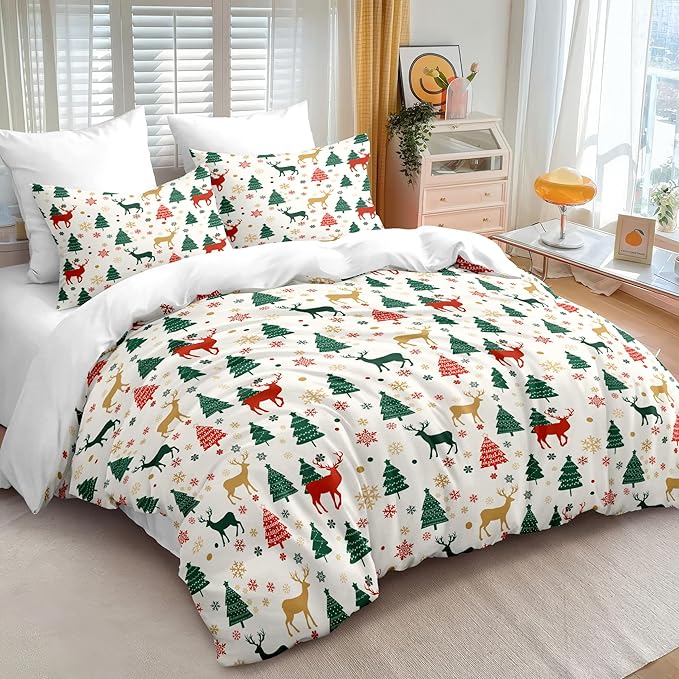 Christmas Duvet Cover King Size Green Christmas Tree Bedding Set 3 Pieces Kids Boys Girls Xmas Deer Pattern Comforter Cover with Zipper Closure