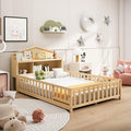 Bellemave Full Size Floor Bed for Kids, Girls, Boys, Solid Wood Montessori Bed with Storage headboard, Door, Storage,Natural
